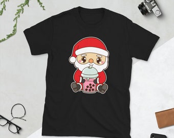 Kawaii Cute Boba Santa Claus Merry Christmas Xmas Asian Food Foodie Lover Strawberry Rose Bubble Pearl Milk Tea Short-Sleeve Unisex T-Shirt