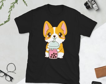 Kawaii Cute Boba Corgi Dog Animal Lover Asian Food Foodie Strawberry Rose Bubble Pearl Milk Tea Short-Sleeve Unisex T-Shirt