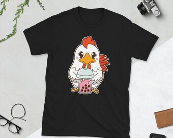 Kawaii Cute Year of the Rooster Chicken Asian Food Foodie Strawberry Rose Boba Bubble Pearl Milk Tea Short-Sleeve Unisex T-Shirt