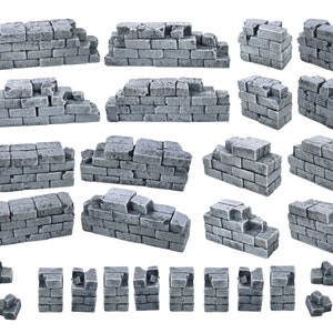 May include: A set of 20 grey stone wall pieces for model building. The pieces are various sizes and shapes, with some having broken edges. The pieces are made of a lightweight material and are easy to assemble.