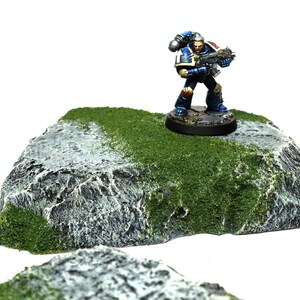 May include: A miniature plastic rock with a green moss texture, perfect for tabletop gaming. A blue and silver painted miniature figure stands on top of the rock.