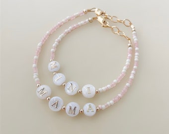 Mom and mini bracelet set, mother of pearl letter beads, mothersday set, gifts for mom, mom and me bracelet, bracelets for mom