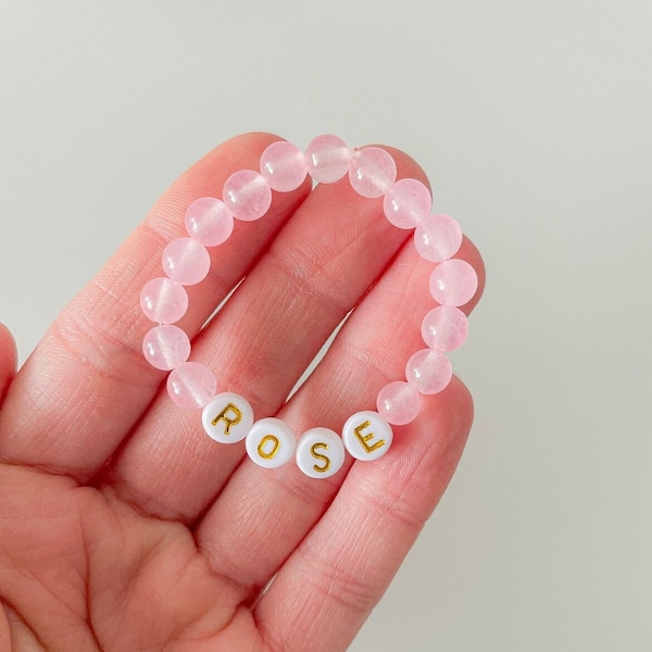 Pink Rose Quartz Baby Bracelet, Personalized Infant Bracelet, Baby Shower Gift, Baby Announcement, Pink Girls Bracelet, Baby Jewelry Toddler