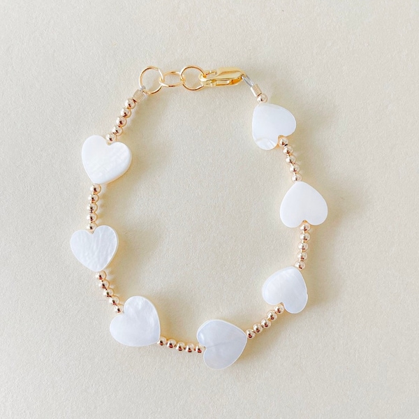 heart bracelet, heart beaded bracelet, mom and baby heart bracelet, white heart bracelet, shell heart bracelet, white heart bracelet, heart