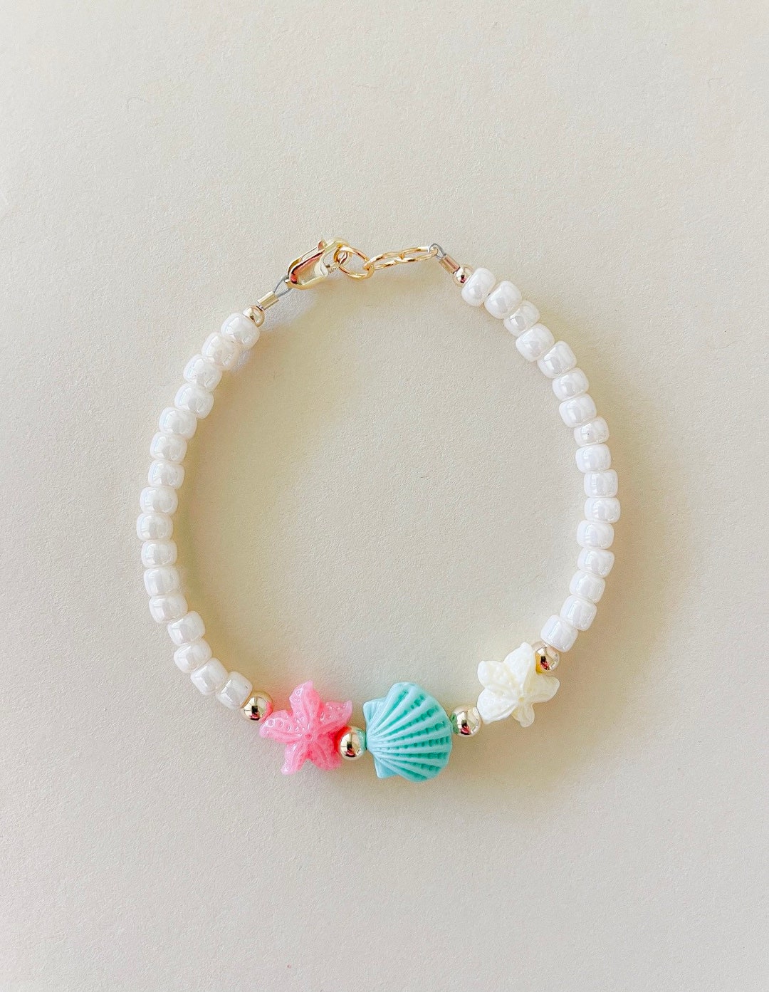 Baby Bracelet- Seashell- Ocean Bracelet- Starfish Bracelet- Ocean Beads- Aquatic Bracelet- Gold ...