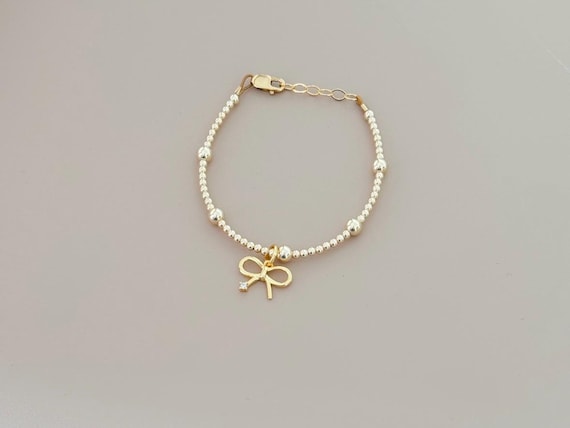 14k Gold Filled Beaded Bow Charm Bracelet