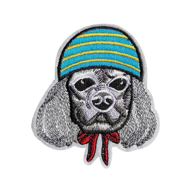 Dog Wearing Hat Iron-On Patch Beanie Poodle Neck Bow Tie Dressed Up
