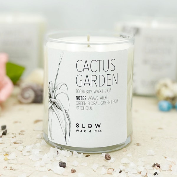 Aroma Vegan Soy Wax Essential Oil Candle, 'Cactus Garden', Agave Aloe Fresh-Cut Green Leaves Chrysanthemum Petals Scent, 10 OZ