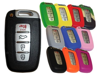 May include: A set of ten silicone key covers in various colors, including green, yellow, red, black, gray, blue, pink, orange, and purple. The covers are designed to fit a car key fob with five buttons, including a lock, unlock, trunk release, and panic button. The key fob is not included.