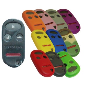 May include: Assortment of colorful silicone key covers for a Honda car key fob. The covers are in various colors, including red, orange, yellow, green, blue, purple, pink, gray, and camouflage. The covers are designed to protect the key fob from scratches and wear.