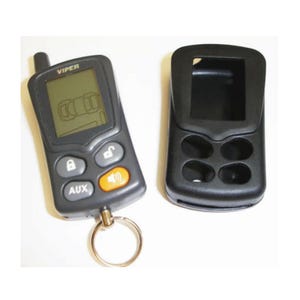 May include: A black Viper car alarm remote control with a small screen displaying a car graphic, and a separate black protective case. The remote has buttons labeled "A", "lock", "AUX", and a speaker icon. A metal key ring is attached.
