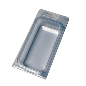 May include: Clear plastic clamshell packaging with a rectangular cutout for a product. The clamshell has a hang hole at the top.