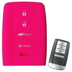 May include: A pink silicone key fob cover for a car key with four buttons. The buttons are labeled "HOLD" and have icons for lock, unlock, trunk, and panic. The key fob cover is designed to protect the key fob from scratches and dirt.
