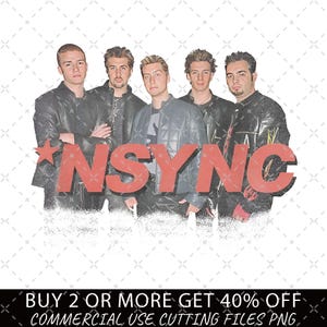 May include: A digital graphic featuring the five members of the boy band *NSYNC standing together in dark jackets. The text *NSYNC is displayed in large, bold, red letters across the centre of the image, partially overlapping the group members.