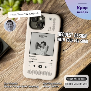 Puede incluir: Una funda de teléfono blanca con un diseño de reproductor de música personalizado que presenta la canción "Seven" de Jungkook. La funda tiene una imagen en blanco y negro de Jungkook y el título de la canción, el artista y los controles de reproducción. La funda está disponible en acabados brillantes o mate.