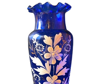 Vintage Cobalt Blue Glass Vase - Ruffled Vase - Hand Painted White Floral - Approx. 7.5" Tall