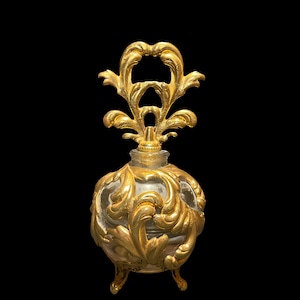 Antique Globe Gold Plated Large Perfume Bottle - Very Ornate and Heavy - Gold Filigree - Empty - Leaded Glass
