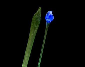 Long Stem Blue Flower and Leaf - Tulip - Glass Flower - Long Approx. 19.5"