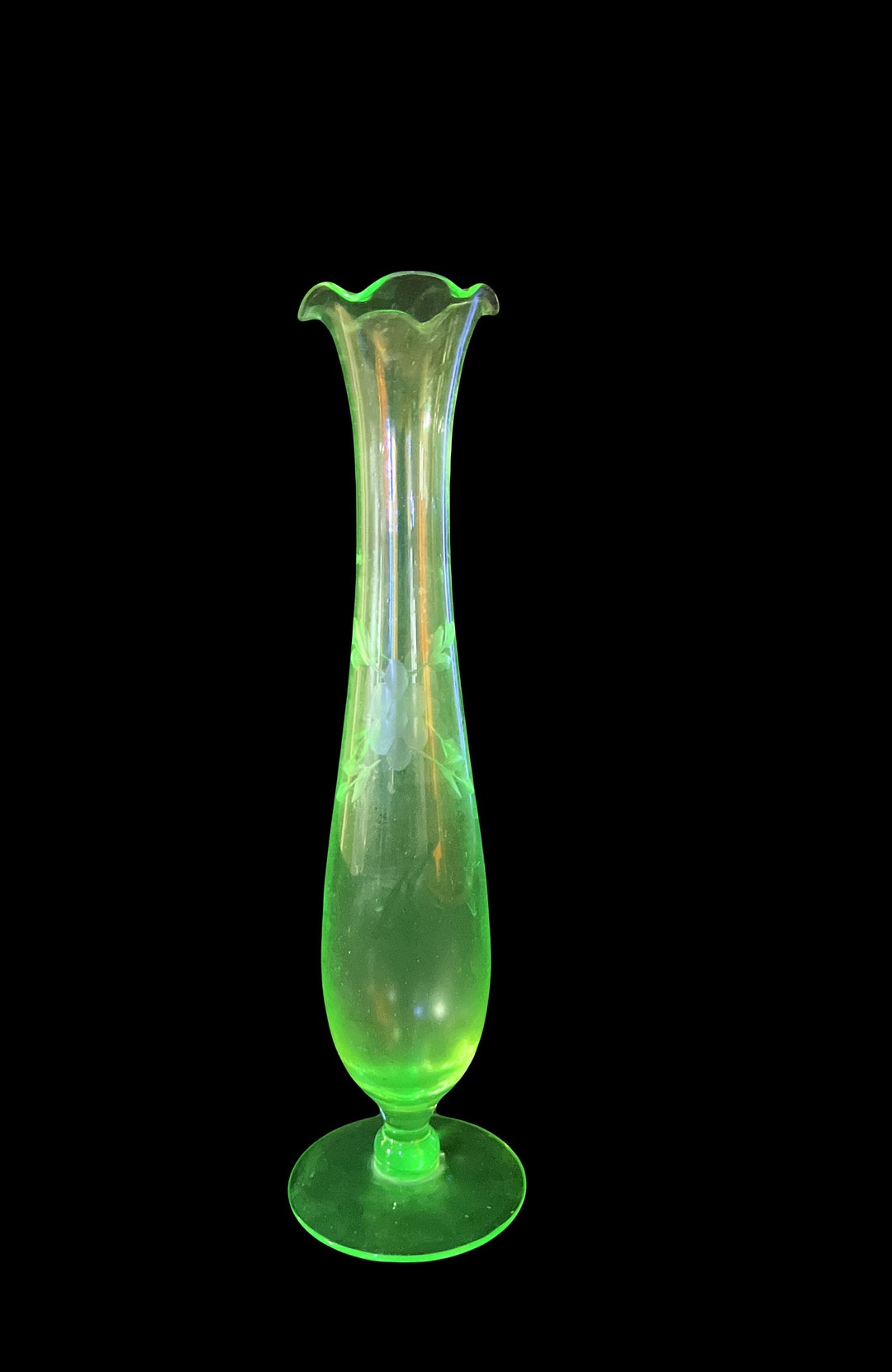 Vintage Uranium Vaseline Green Glass Swung Bud Vase Etched in Flowers