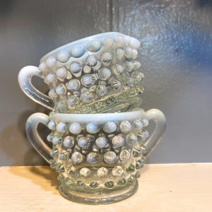 Vintage Fenton Opalescent Hobnail Mini Creamer Sugar Bowl Set - White Clear Set