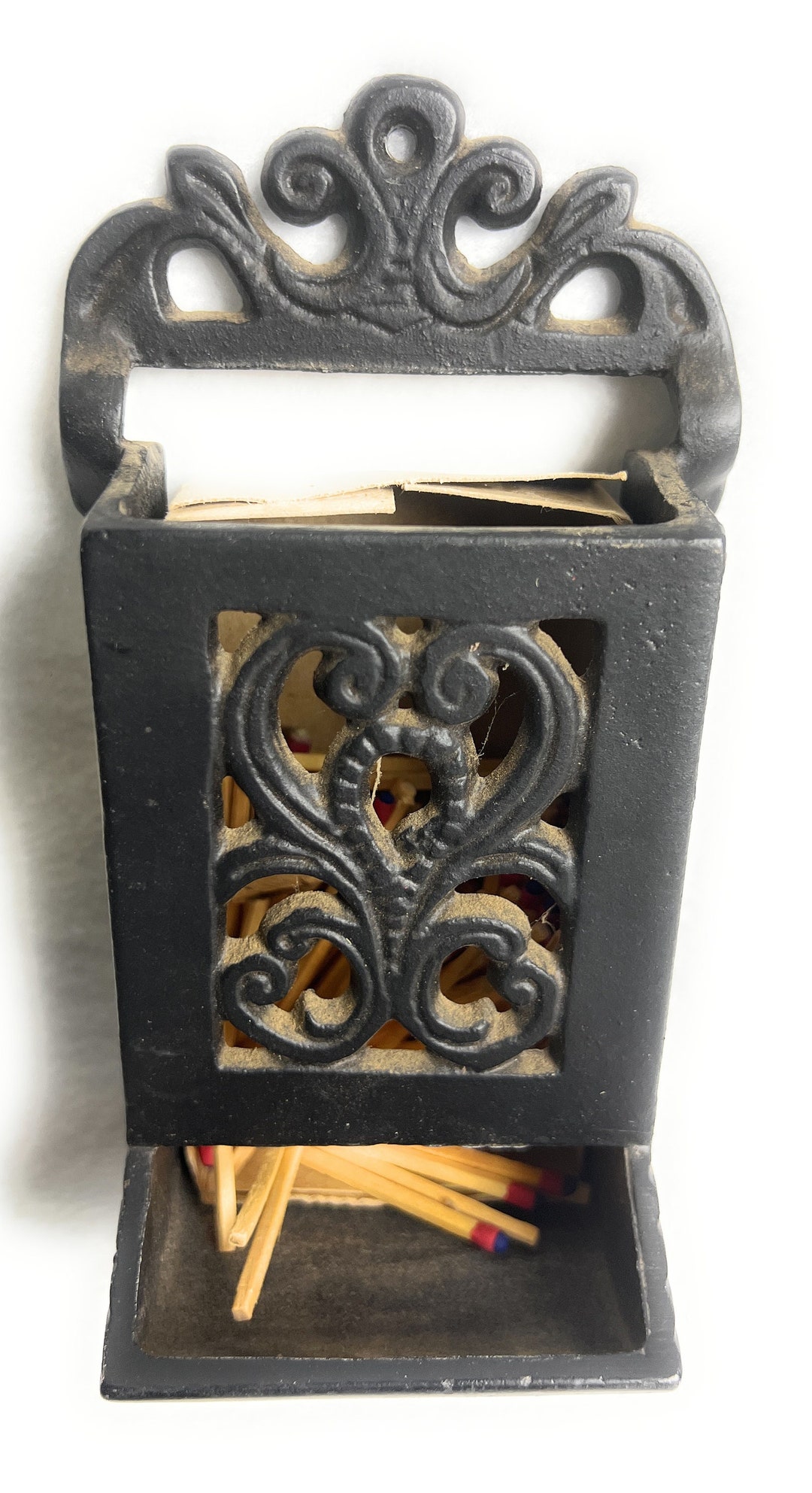Vintage Cast Iron Metal Match Box Holder Mounts on Wall Etsy