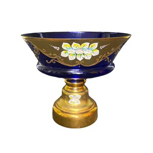 Bohemian Blue/Gold Glass Bowl With Hand Painted Flowers - Czech Republic Cobalt Blue - Handmade - Has Chips Please View All Photos