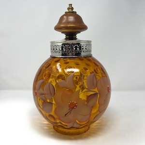 Vintage Amber and Floral Ceiling Light Shade - Pendant Light Shade - Art Glass - Hand Painted - Beautiful - Please Read Details