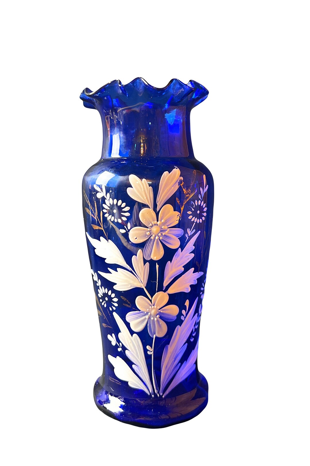 Vintage Cobalt Blue Glass Vase Ruffled Vase Hand Painted Etsy