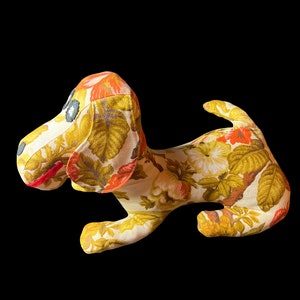Plush Dog - Dog Pillow - Couch Pillow - Vintage Handmade Dog Plushie with Floral - Fall Colors - Yellow / Orange