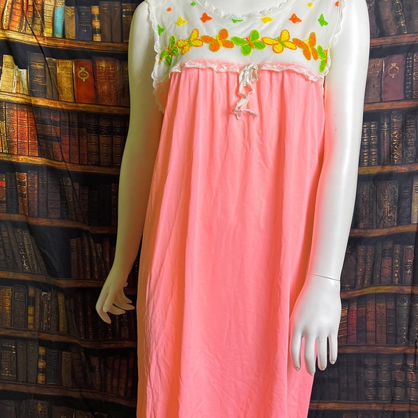 Vintage Pink Nylon Nightgown / Nighty - Orange / Yellow / Green Butterflies - Size Small - Approx. 35" Long