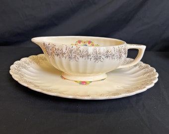 Vintage Ivory Franklinware Gravy Boat and Underplate / Serving Tray - 22k Gold - Made in USA - Measurements in Photos - Please Read