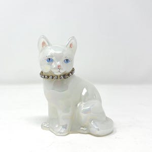 Vintage Fenton White Opalescent Cat with Rhinestone Collar - Blue Eyes - Signed on Bottom - Cat Kitten - Trinket Figurine Collectible