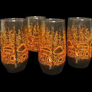 Vintage Mushroom Floral Drinking Glasses 70s Orange Smoky Glass - Set of 4 - Vintage Anchor Hocking Mushroom Garden Tumblers