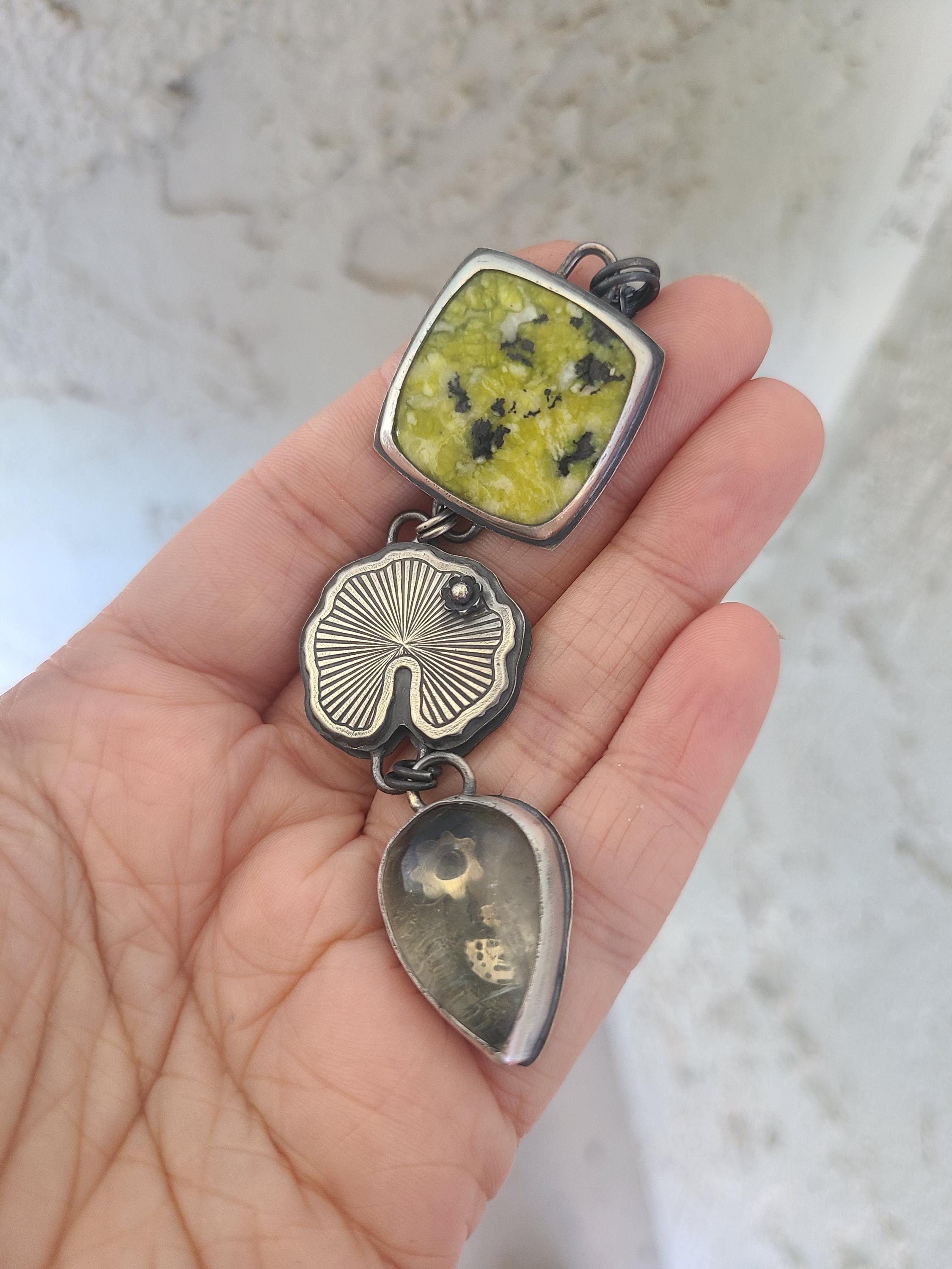 Sterling Silver Lily-pad Waterlily Flower Koi Pond Garden Lizardite Quartz Hydraulic Press Handmade Statement Artisan Pendant Necklace