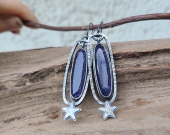 Sterling Silver Starry Night Outer Space Star Planet Blue Goldstone Kinetic Handmade Statement Artisan Dangle Leverback Earrings