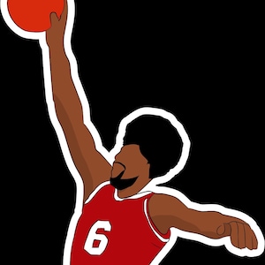 May include: Illustration of a basketball player in a red uniform with the number 6, jumping to shoot a basketball. The player is depicted with brown skin, a black afro, and white socks and shoes. The background is black.