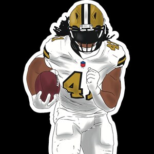 May include: Illustration of a football player in a white uniform with gold accents, number 41, and a gold helmet. The player is running with a football in hand, wearing red cleats and green socks. The background is black.