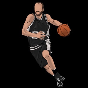 May include: Illustration of a basketball player in a black and white uniform dribbling a brown basketball. The player is wearing a jersey with the number 23. The background is solid black.