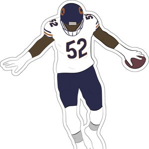 May include: A stylized illustration of an American football player in a white jersey with the number 52, navy blue shorts, and a navy blue helmet. The player is holding a brown football.