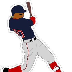 May include: A sticker of a baseball player in a batting stance. The player wears a navy blue jersey with the number 20 in red, gray pants, and a navy helmet. Red accents are on the socks and gloves. The bat is brown.