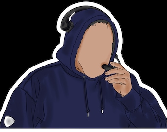 May include: Illustration of a person wearing a navy blue hoodie with a headset and a microphone. The person is holding the microphone to their mouth. The image has a white border and a shield logo on the left side of the hoodie.