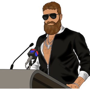 May include: Illustration of a man with a beard and sunglasses wearing a black jacket with white trim. He is standing behind a podium with microphones. A silver chain with a pendant is visible.