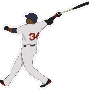 May include: A sticker of a baseball player in a batting stance. The player is wearing a white uniform with the number 34 in red on the back. The player is wearing a navy blue helmet and black batting gloves. The bat is held high, ready to swing.