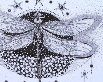 Dragonfly art print, Ink drawing artwork, Insect bug art
