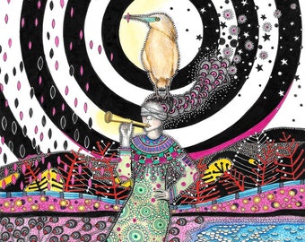 Woman and bird watercolor, Original Ink Art