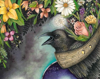 Raven art, elephant and moon painting, Crow wall art print