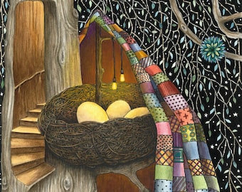 Fairy tree house artwork, Magical forest art, Bird nest and eggs artwork, Mystical decor