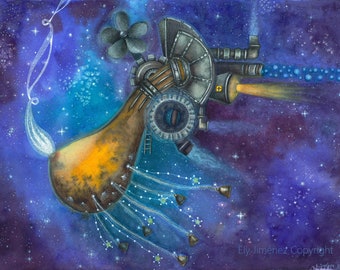 Galaxy watercolor fantasy art print, Steampunk painting, Magical bubbie