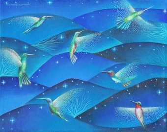Magical hummingbirds decor, Surreal birds painting, Mystical blue wall art