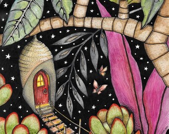 Fairy house art print, Magical watercolor wall art, Starry night artwork, Fantasy butterfly house